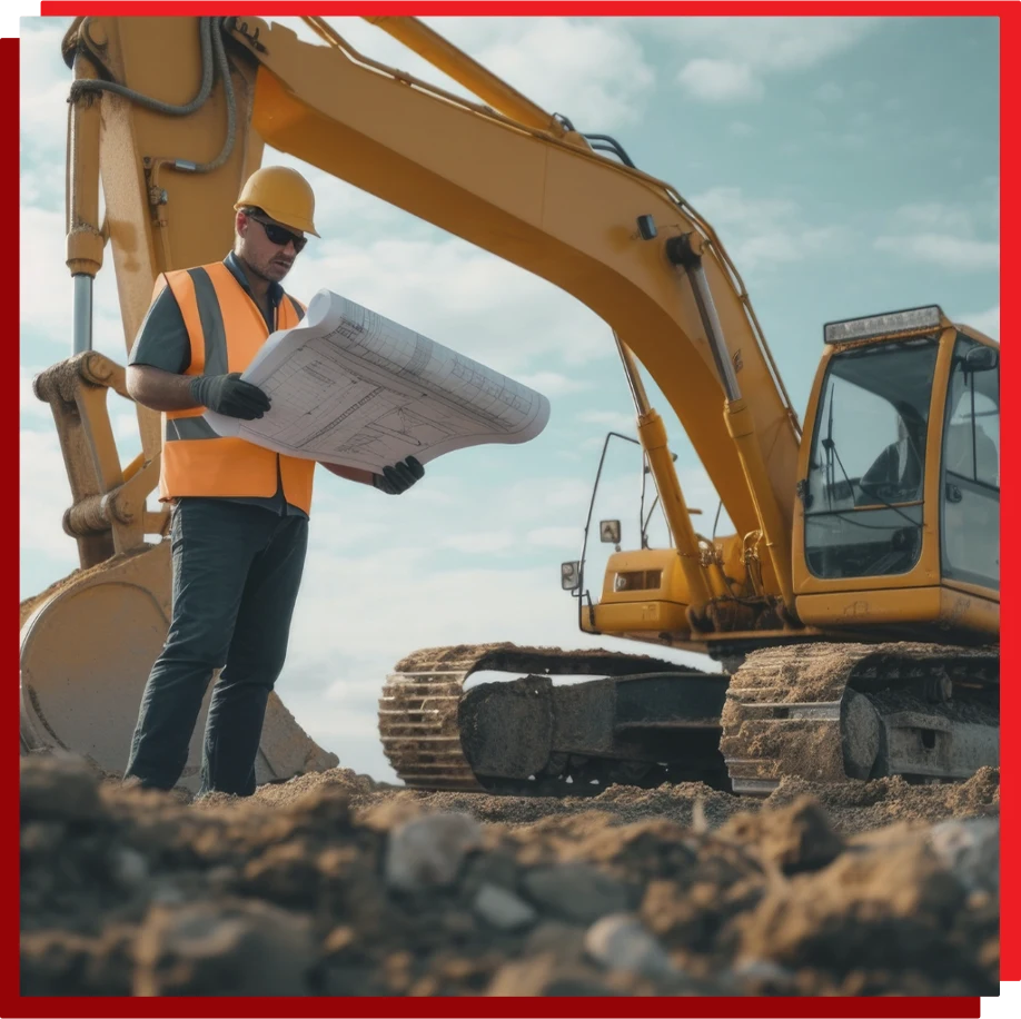 Profissional de engenharia analisando projeto civil em canteiro de obras com escavadeira hidráulica ao fundo em Avaré.