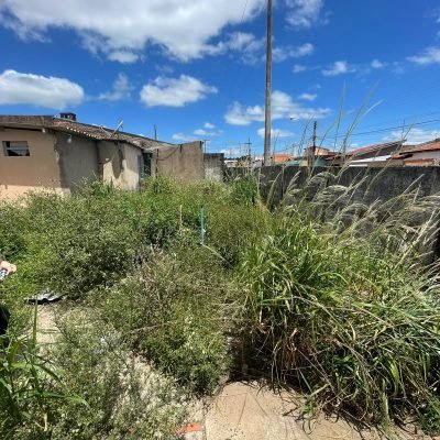 Terreno residencial com mato alto e entulho acumulado necessitando de limpeza e remoção de resíduos de construção.
